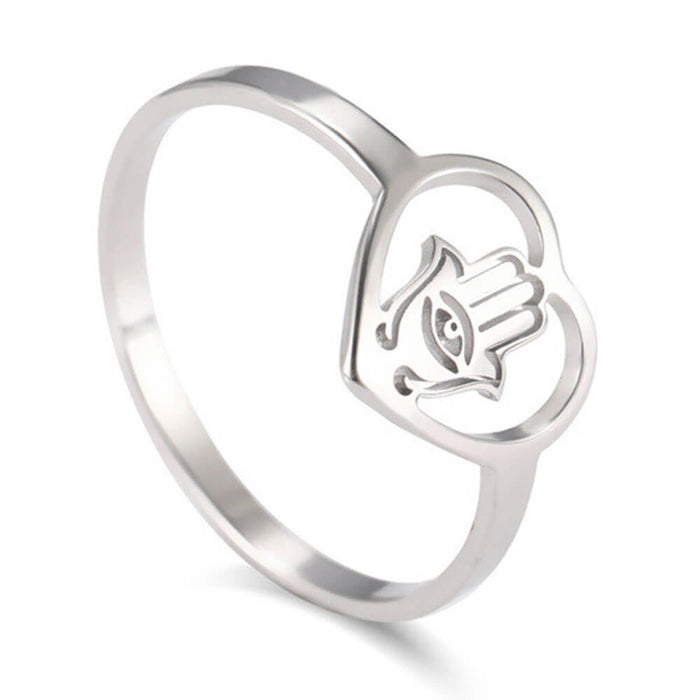 Silver Khamsa Hand of Fatima Heart Ring – Stainless Steel