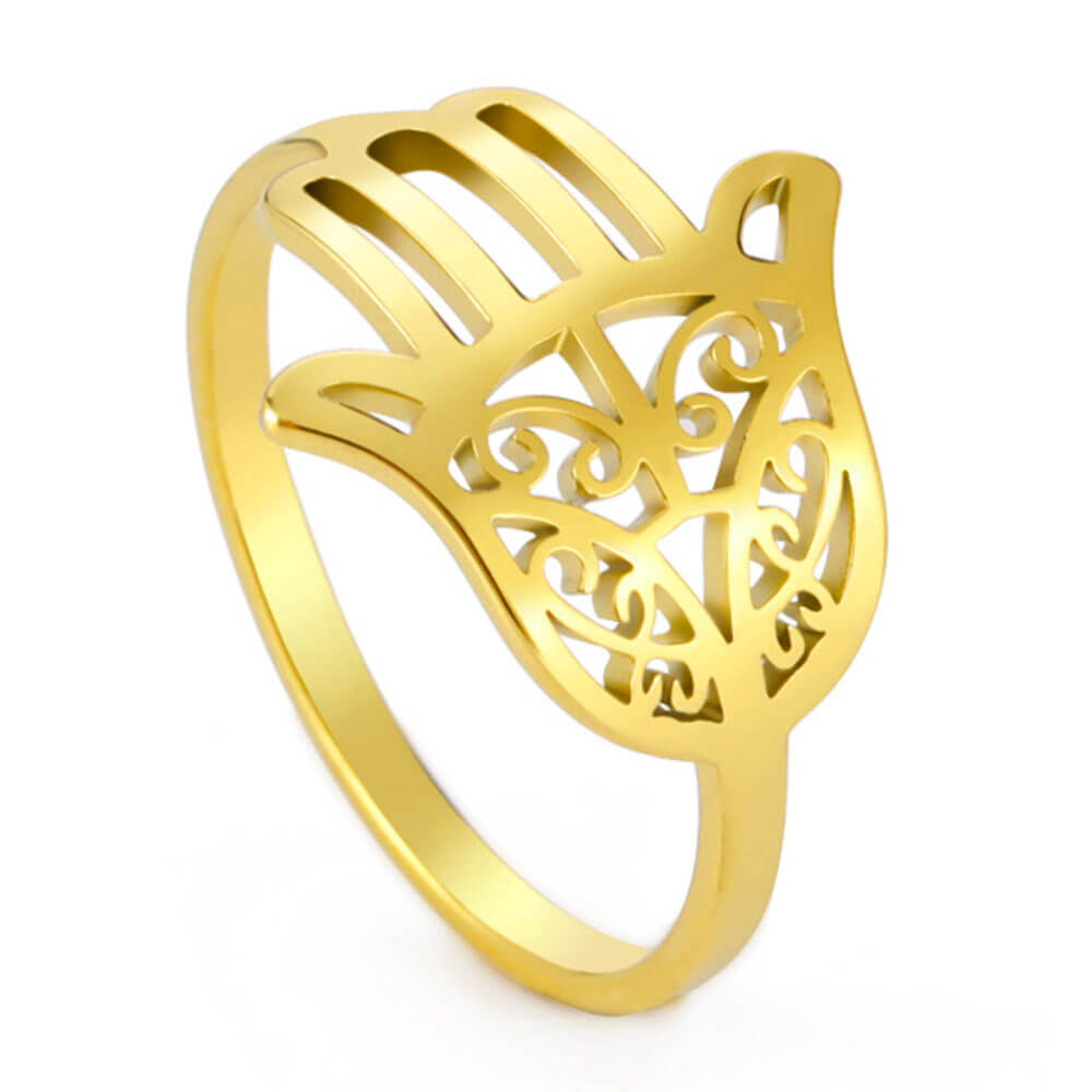 Gold Khamsa Hand of Fatima Band Ring – Stainless Steel