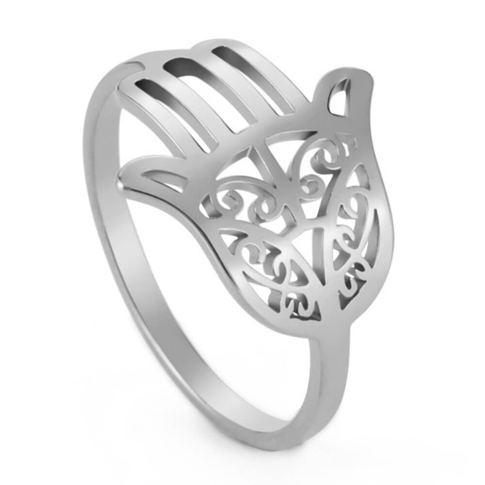 Silver Khamsa Hand of Fatima Band Ring – Stainless Steel