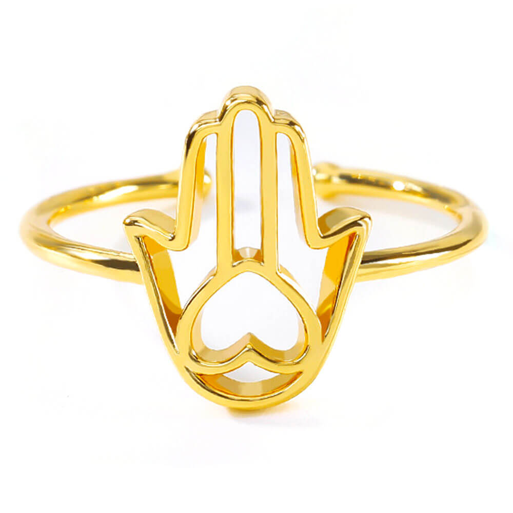 Gold Khamsa Heart Hand of Fatima Adjustable Ring – Stainless Steel