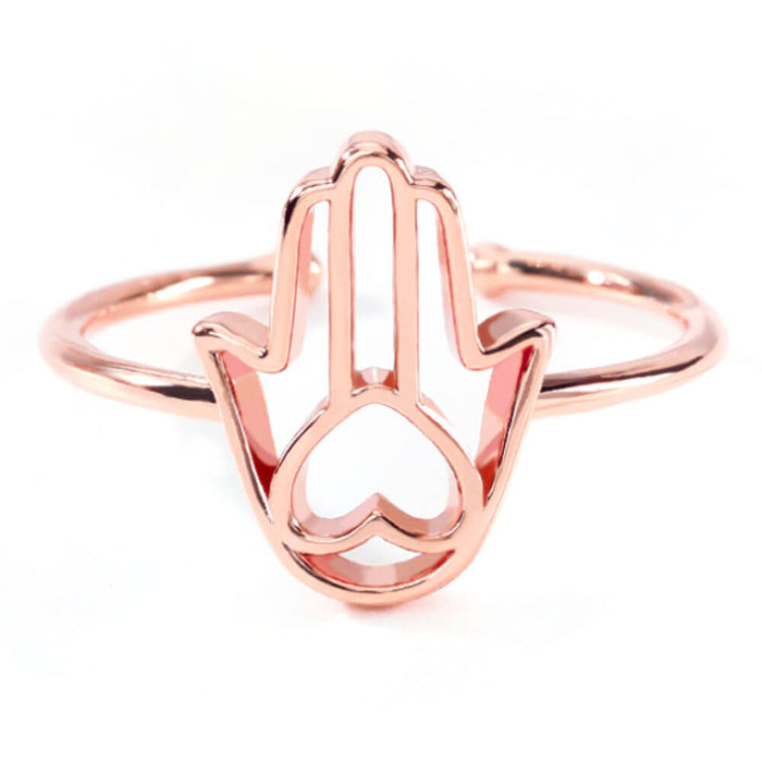 Rose Gold Khamsa Heart Hand of Fatima Adjustable Ring – Stainless Steel