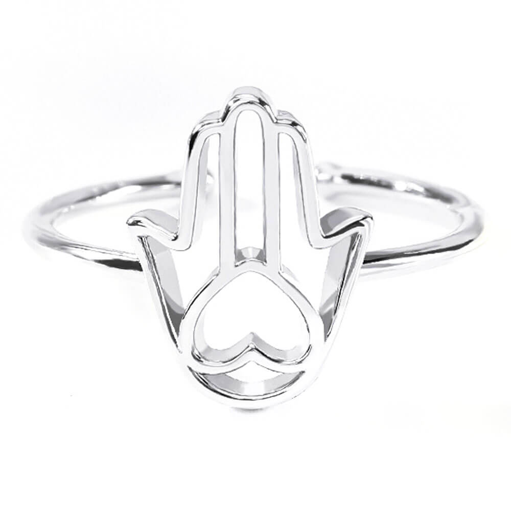 Silver Khamsa Heart Hand of Fatima Adjustable Ring – Stainless Steel