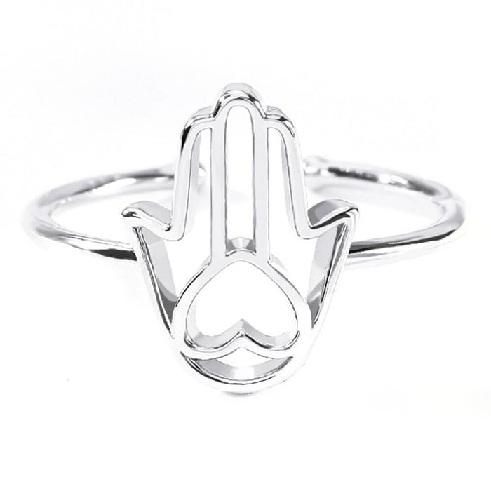 Silver Khamsa Heart Hand of Fatima Adjustable Ring – Stainless Steel