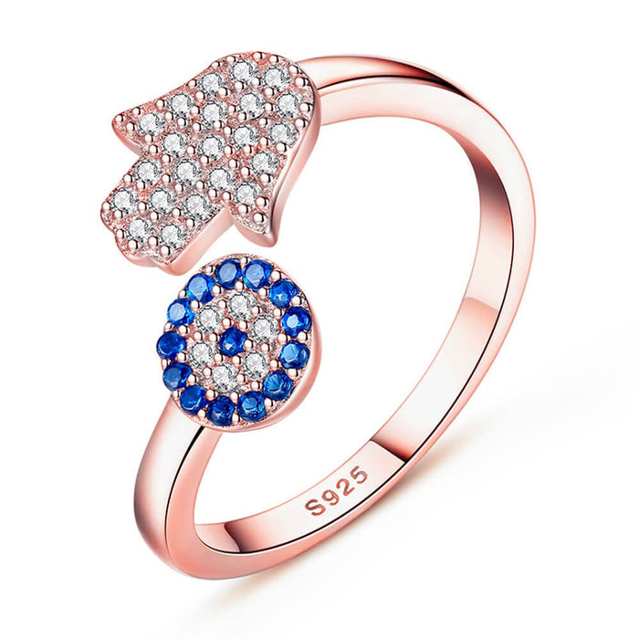 Rose Gold Hand of Fatima Greek Evil Eye Ring