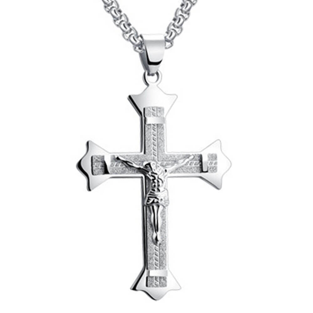 Silver Crucifix Christian Cross Pendant Necklace – Stainless Steel
