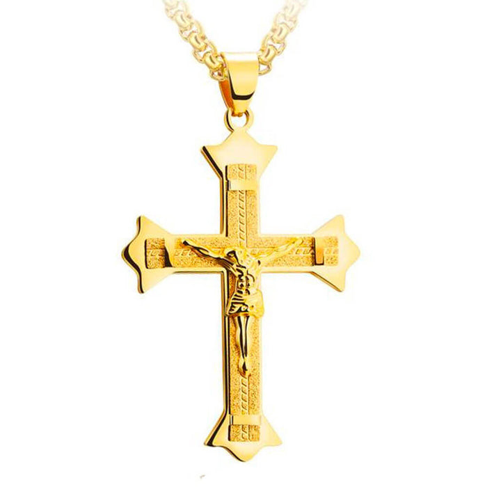 Gold Crucifix Christian Cross Pendant Necklace – Stainless Steel