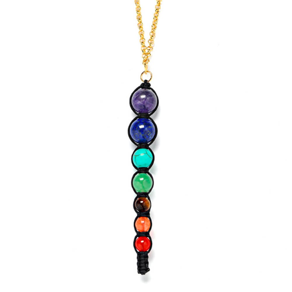Gold Black 7 Chakras Beaded Pendant Necklace