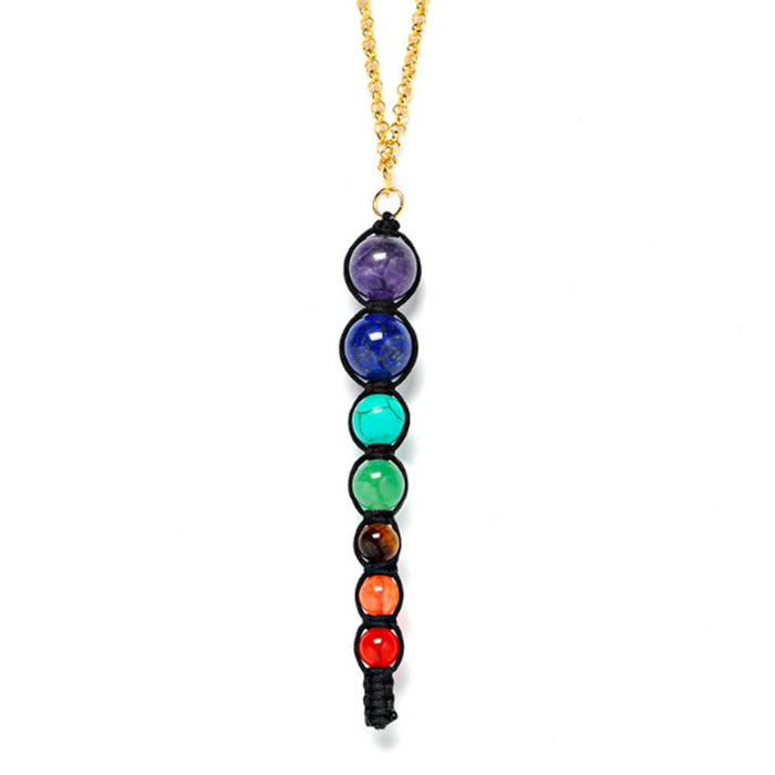 Gold Black 7 Chakras Beaded Pendant Necklace