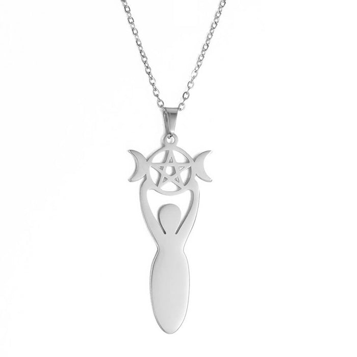 Silver Goddess Wiccan Triple Moon Pendant Necklace