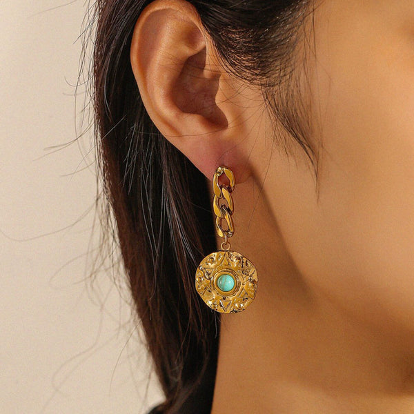 Gold Round Turquoise Earrings – view 3