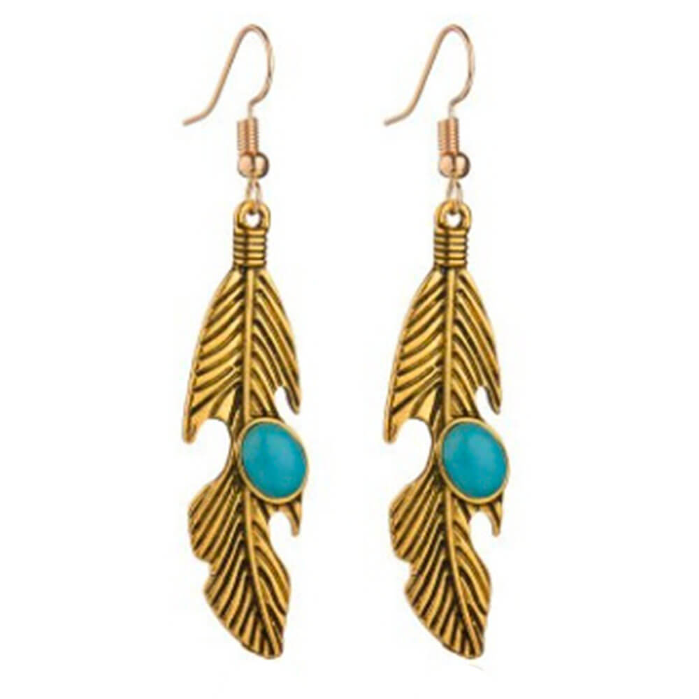 Gold Feather Turquoise Earrings
