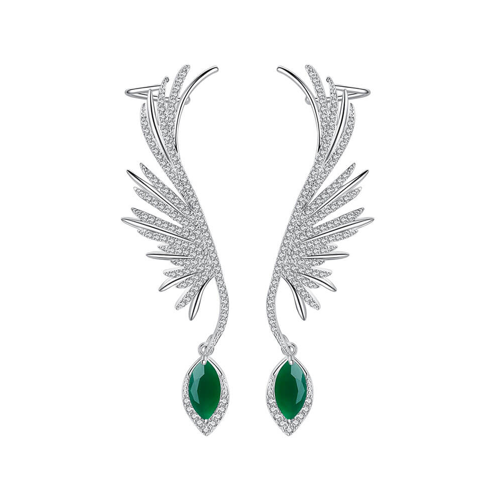 Silver Green Jade Angel Wings Earrings