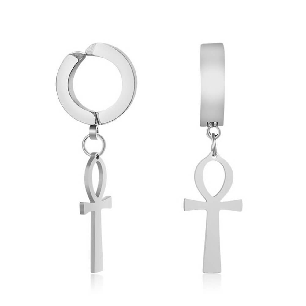 Silver Clip-On Ankh Cross Earrings