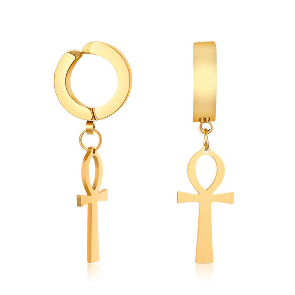 Gold Clip-On Ankh Cross Earrings