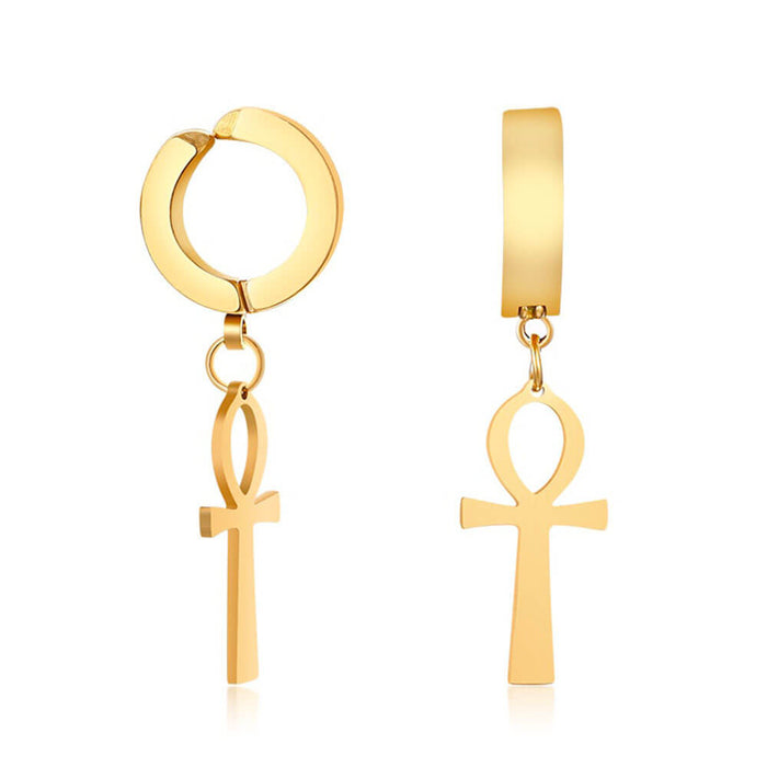 Gold Clip-On Ankh Cross Earrings