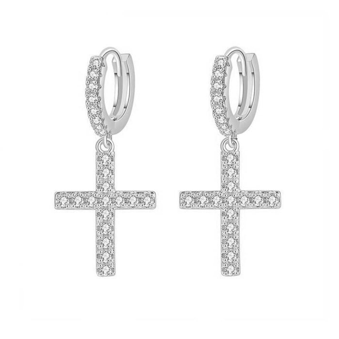 Silver Crystal Christian Cross Earrings