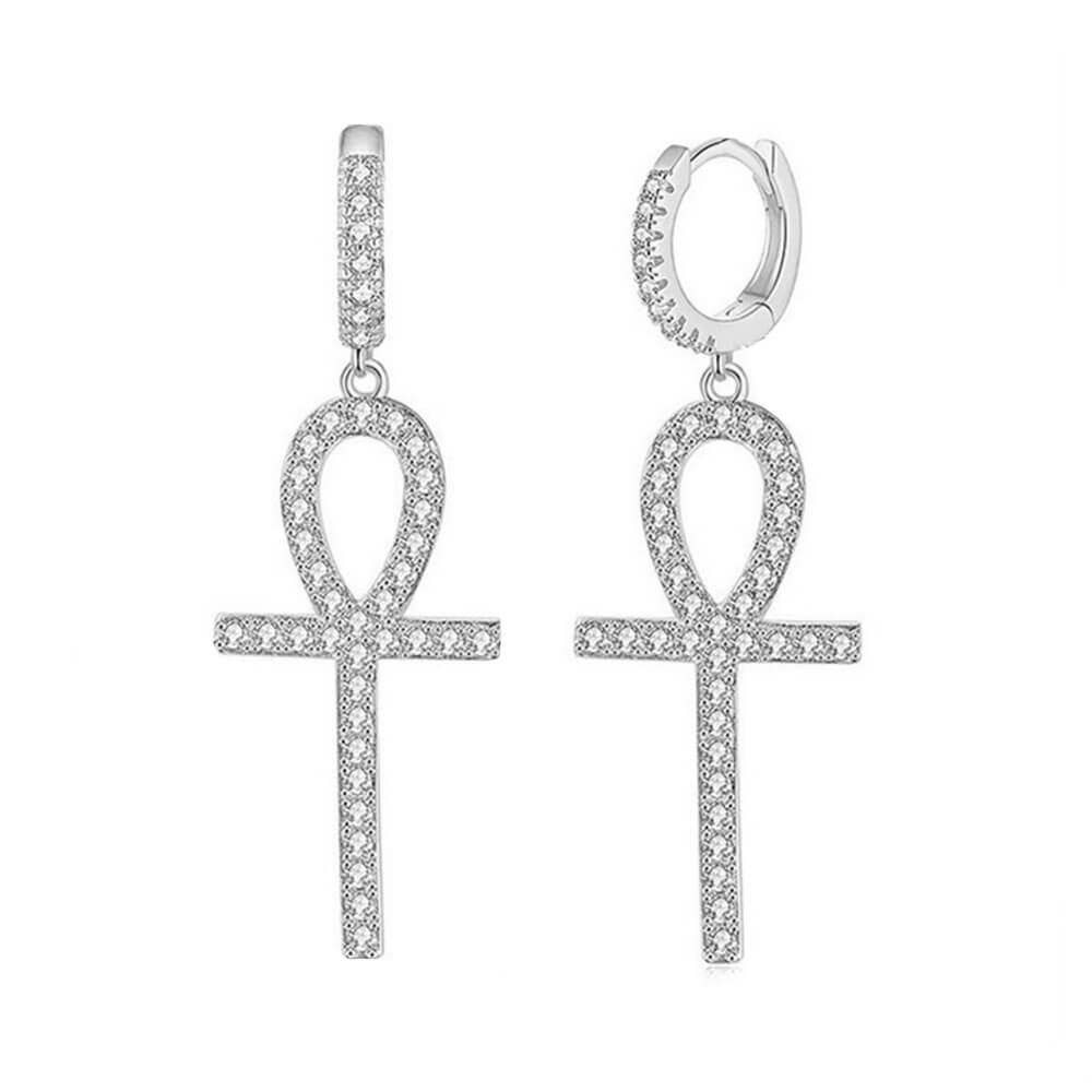 Silver Crystal Ankh Cross Earrings
