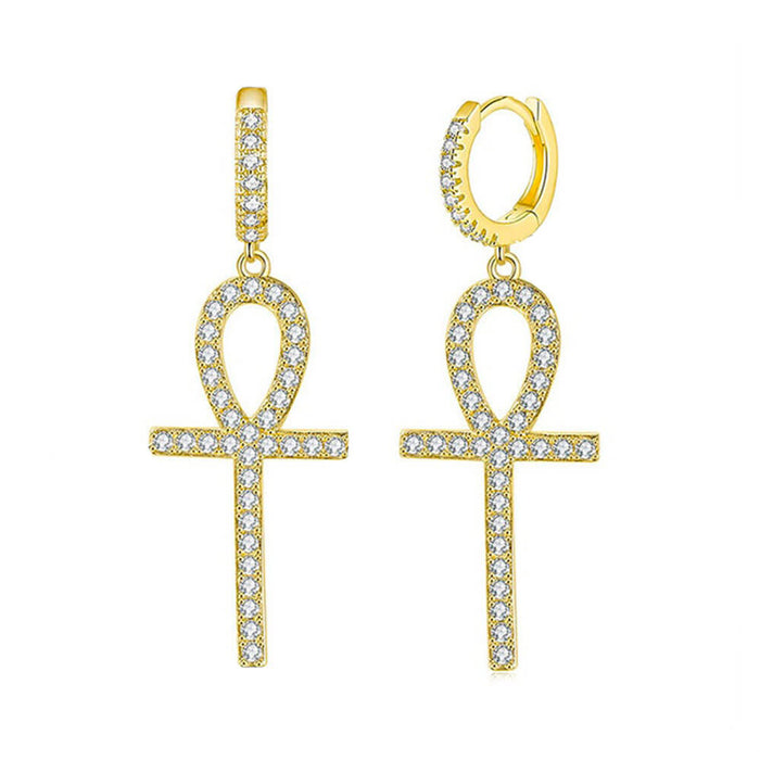 Gold Crystal Ankh Cross Earrings