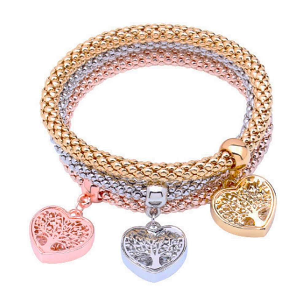 Rock Crystal Heart Tree of Life Pendant Stretch Bracelet
