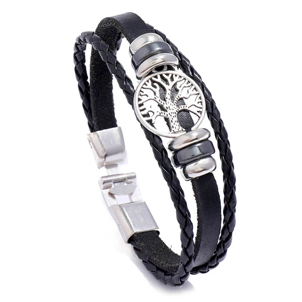 Black Leather Tree of Life Bracelet