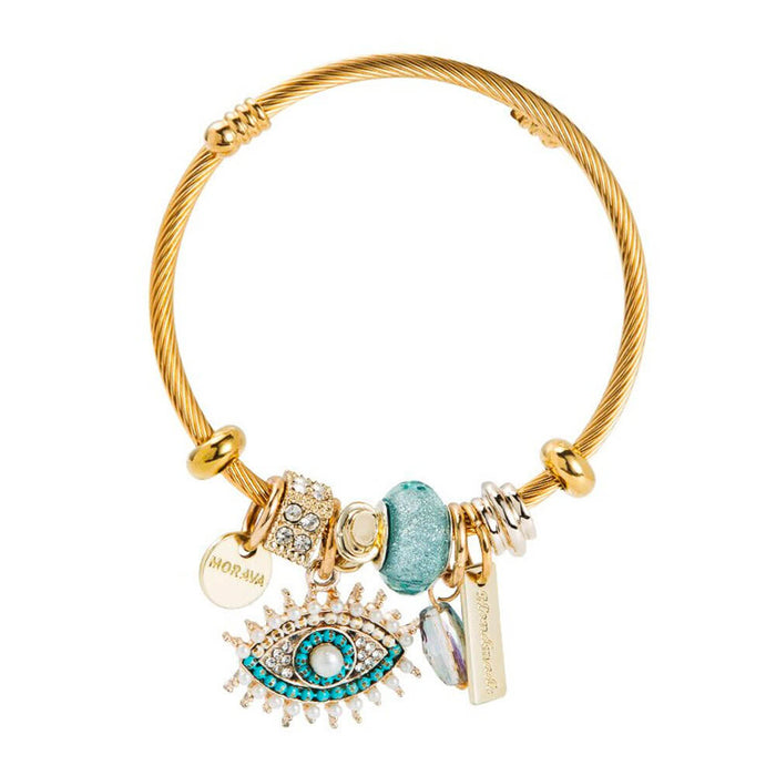 Gold Eye of Fatima Pendant Adjustable Bangle Bracelet