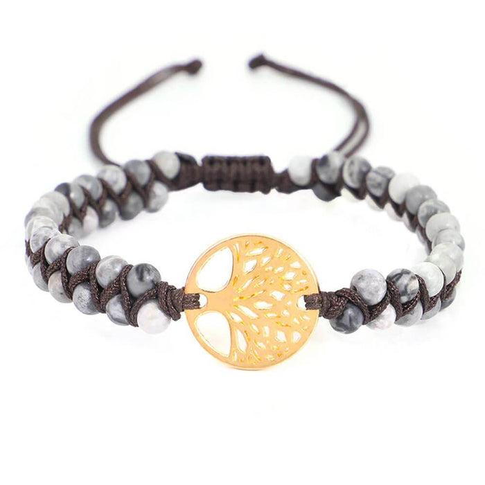 Gold Tree of Life Grey Beaded Bracelet