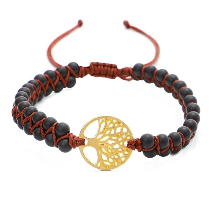 Gold Tree of Life Black Beaded Bracelet