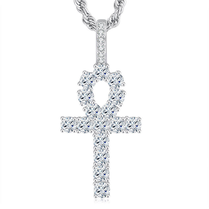 Silver Crystal Ankh Cross Pendant Necklace