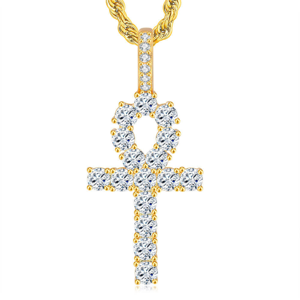 Gold Crystal Ankh Cross Pendant Necklace