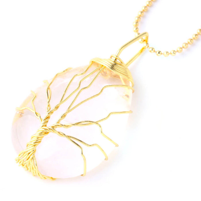 Gold Rock Crystal Tree of Life Pendant Necklace