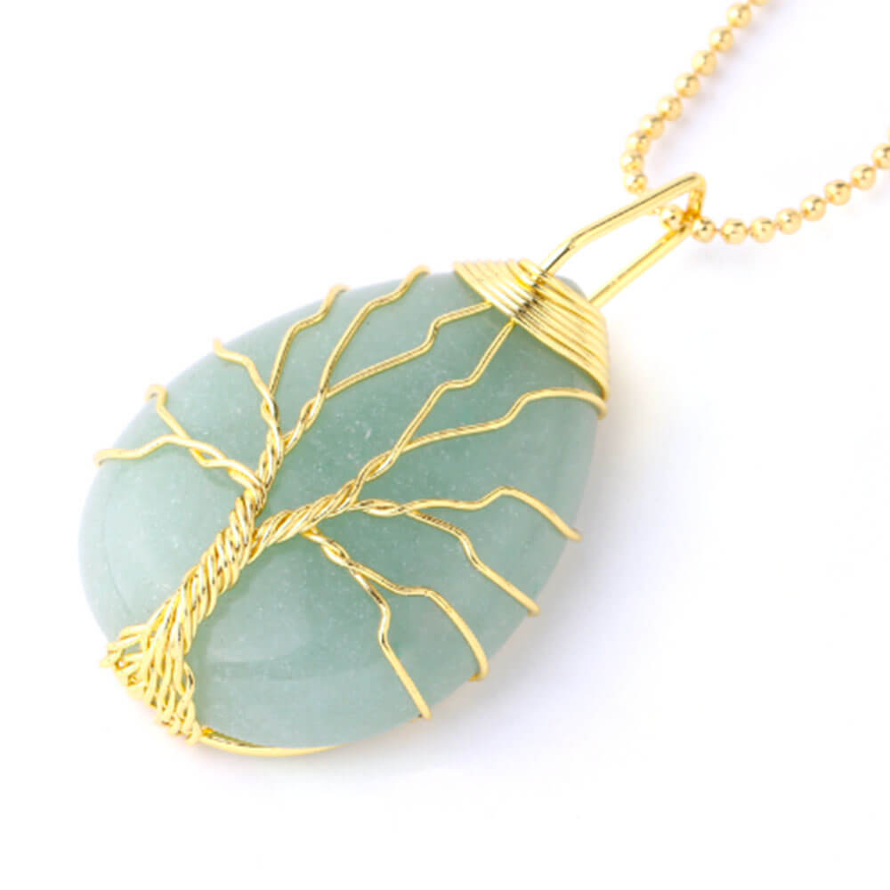 Gold Green Aventurine Tree of Life Pendant Necklace
