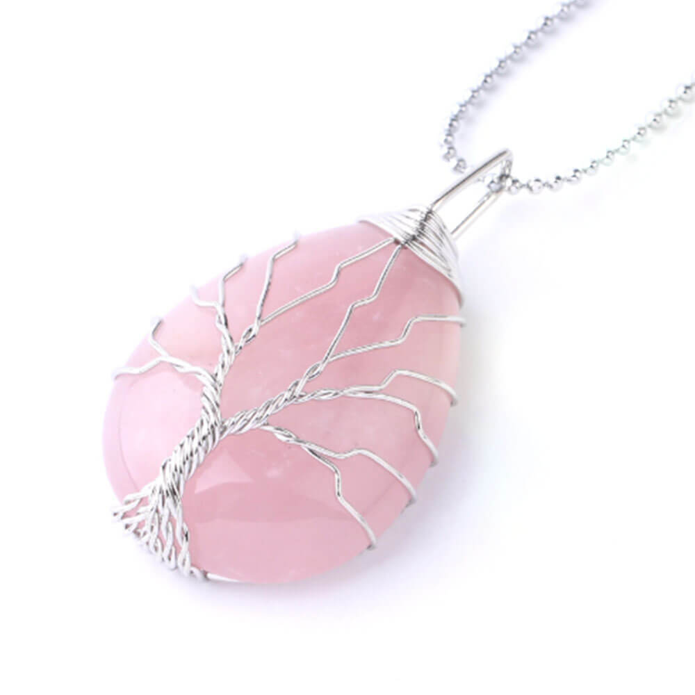 Silver Pink Quartz Tree of Life Pendant Necklace