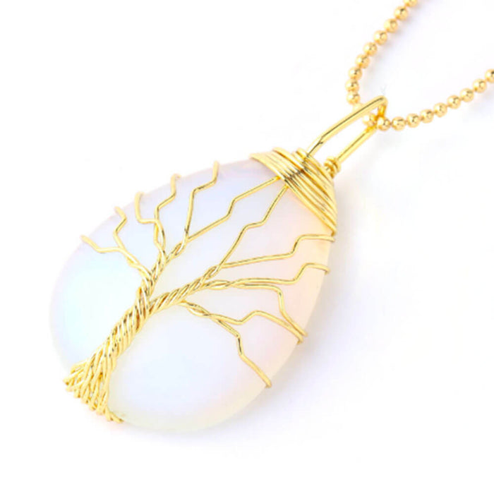 Gold White Opal Tree of Life Pendant Necklace