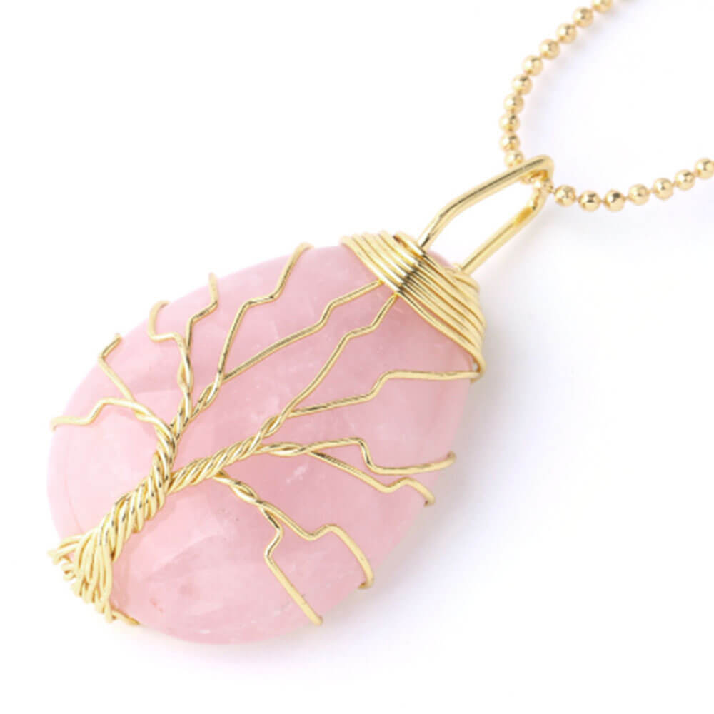 Gold Pink Quartz Tree of Life Pendant Necklace