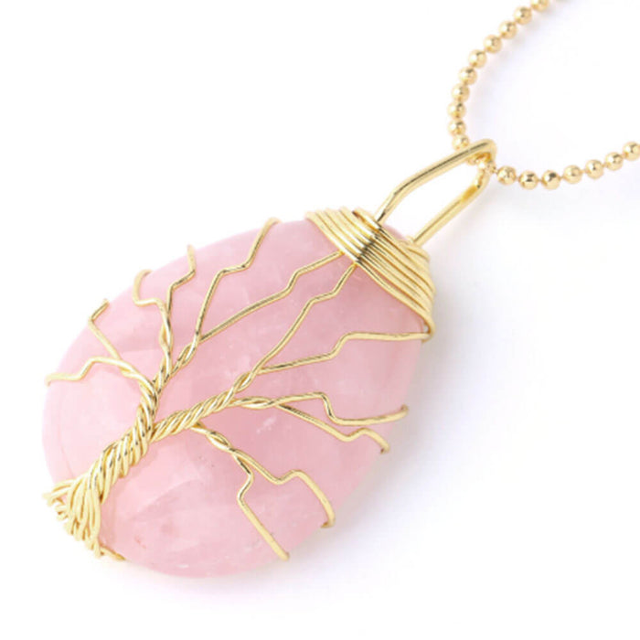 Gold Pink Quartz Tree of Life Pendant Necklace