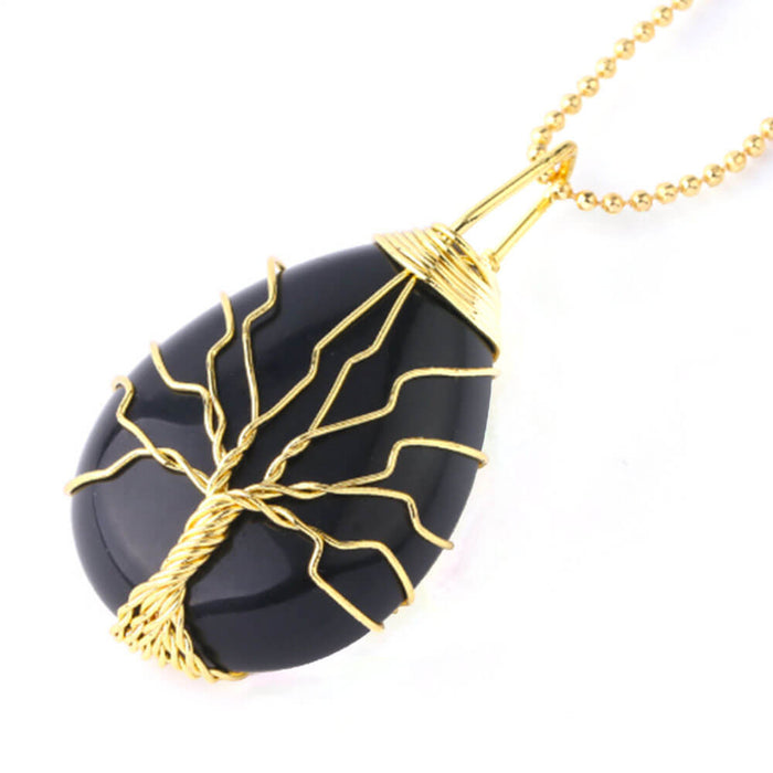 Gold Black Obsidian Tree of Life Pendant Necklace