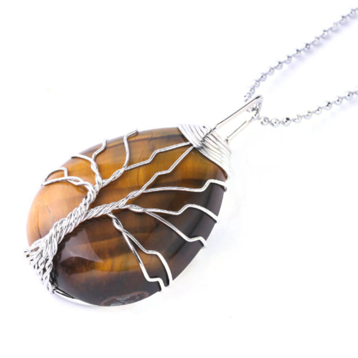 Silver Tiger Eye Tree of Life Pendant Necklace