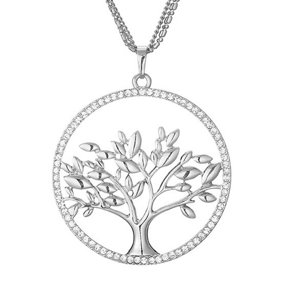 Silver Crystal Tree of Life Large Pendant Necklace – Stainless Steel