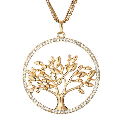 Gold Crystal Tree of Life Large Pendant Necklace – Stainless Steel