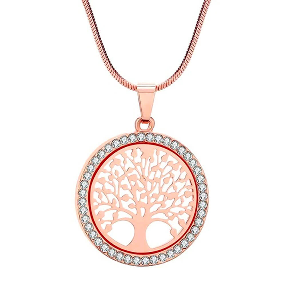 Rose Gold Crystal Tree of Life Pendant Necklace – Stainless Steel