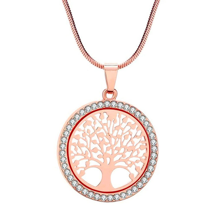 Rose Gold Crystal Tree of Life Pendant Necklace – Stainless Steel