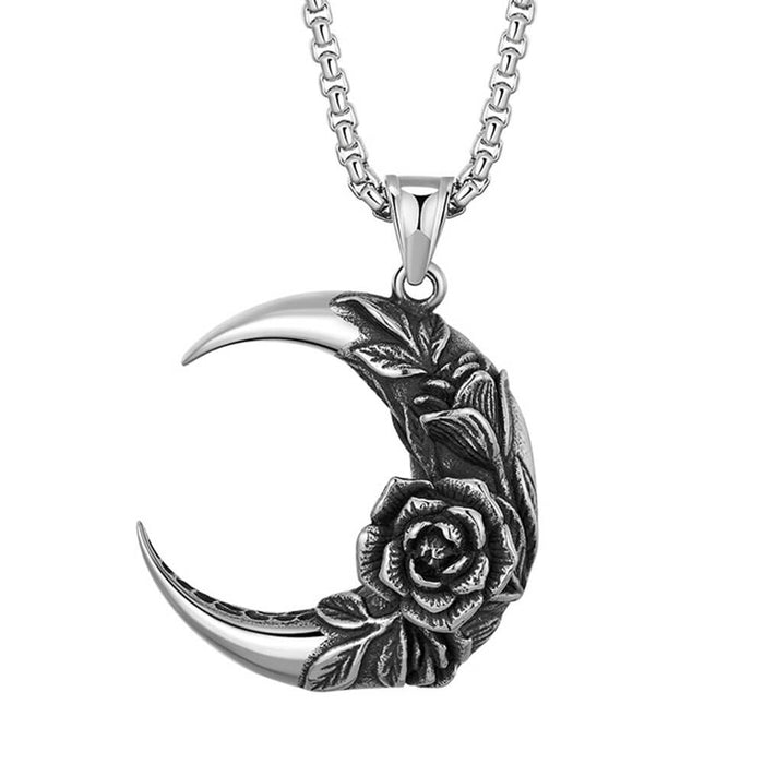 Silver Flower Crescent Moon Pendant Necklace