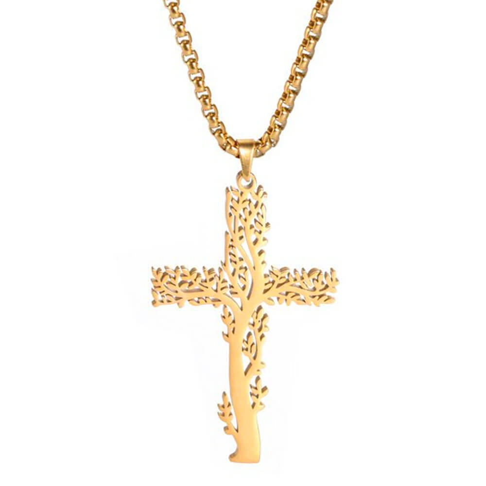 Gold Tree of Life Cross Pendant Necklace