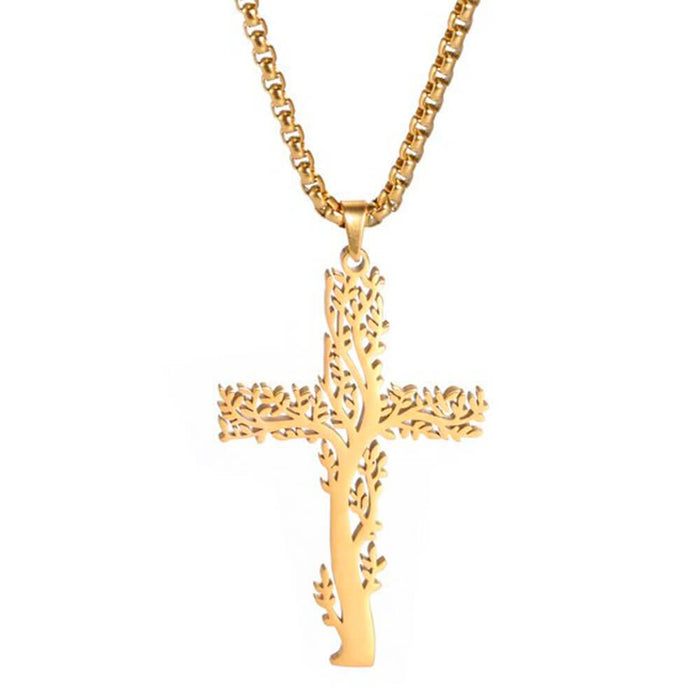 Gold Tree of Life Cross Pendant Necklace