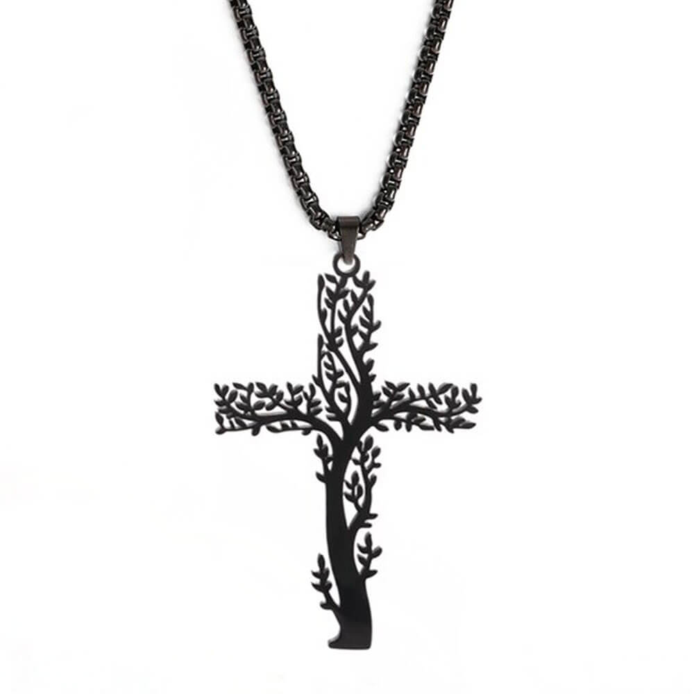 Black Tree of Life Cross Pendant Necklace