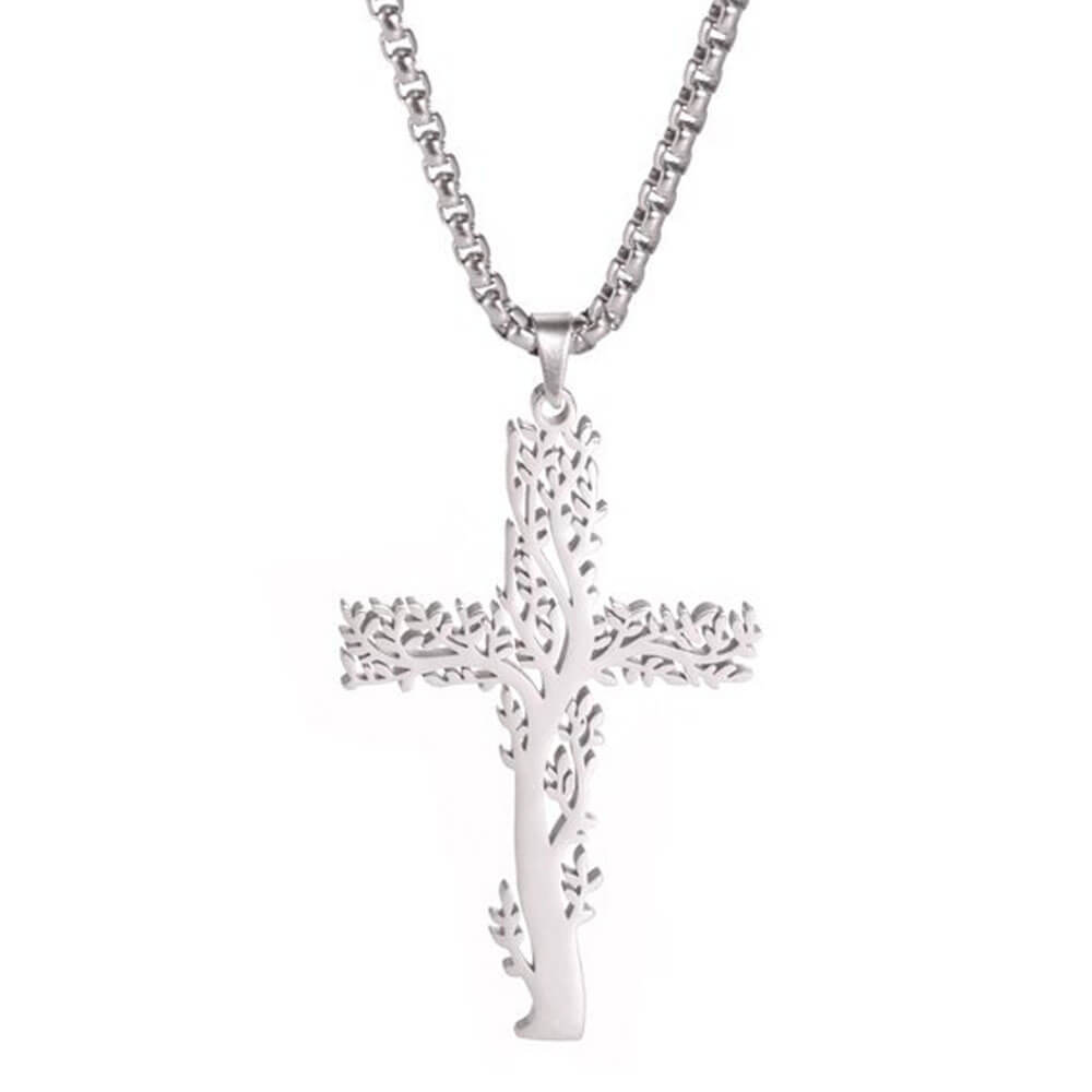 Silver Tree of Life Cross Pendant Necklace
