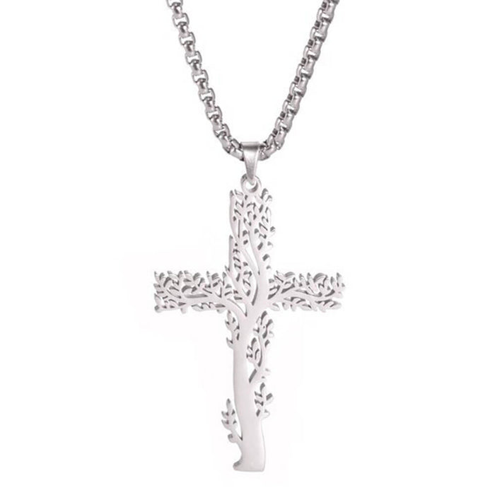 Silver Tree of Life Cross Pendant Necklace