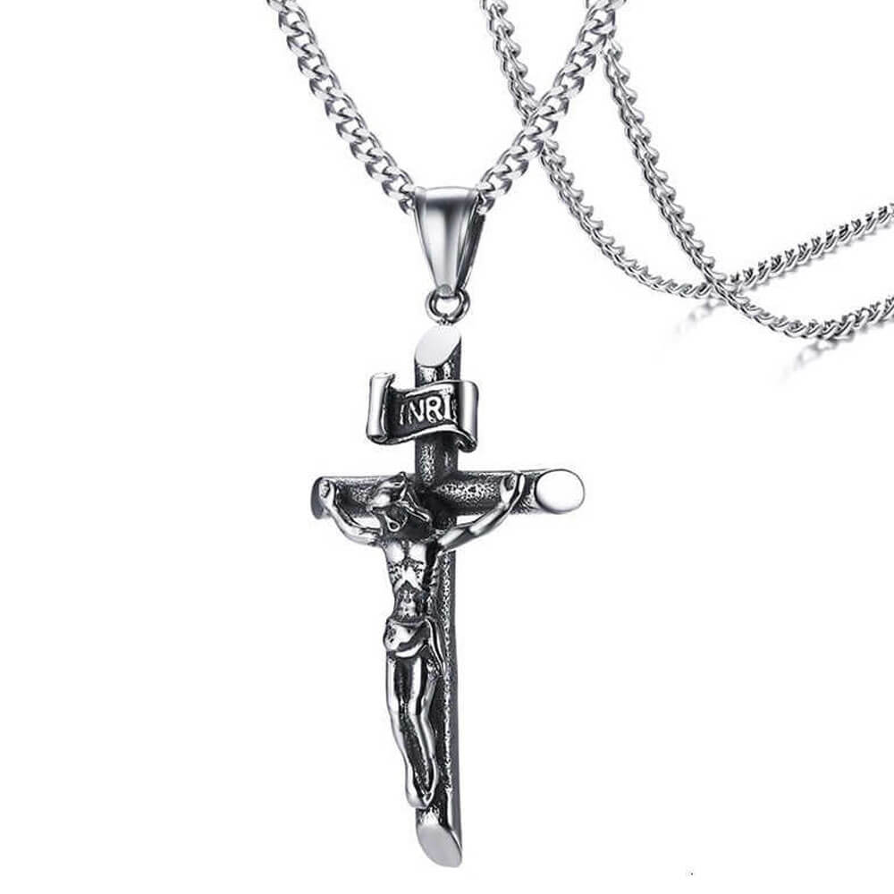 Silver Crucifix Christian Cross Pendant Necklace