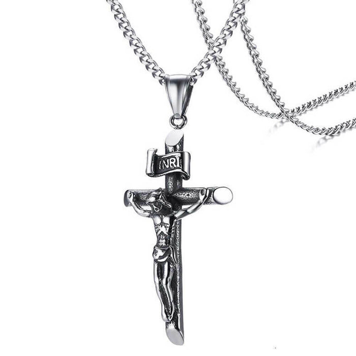 Silver Crucifix Christian Cross Pendant Necklace