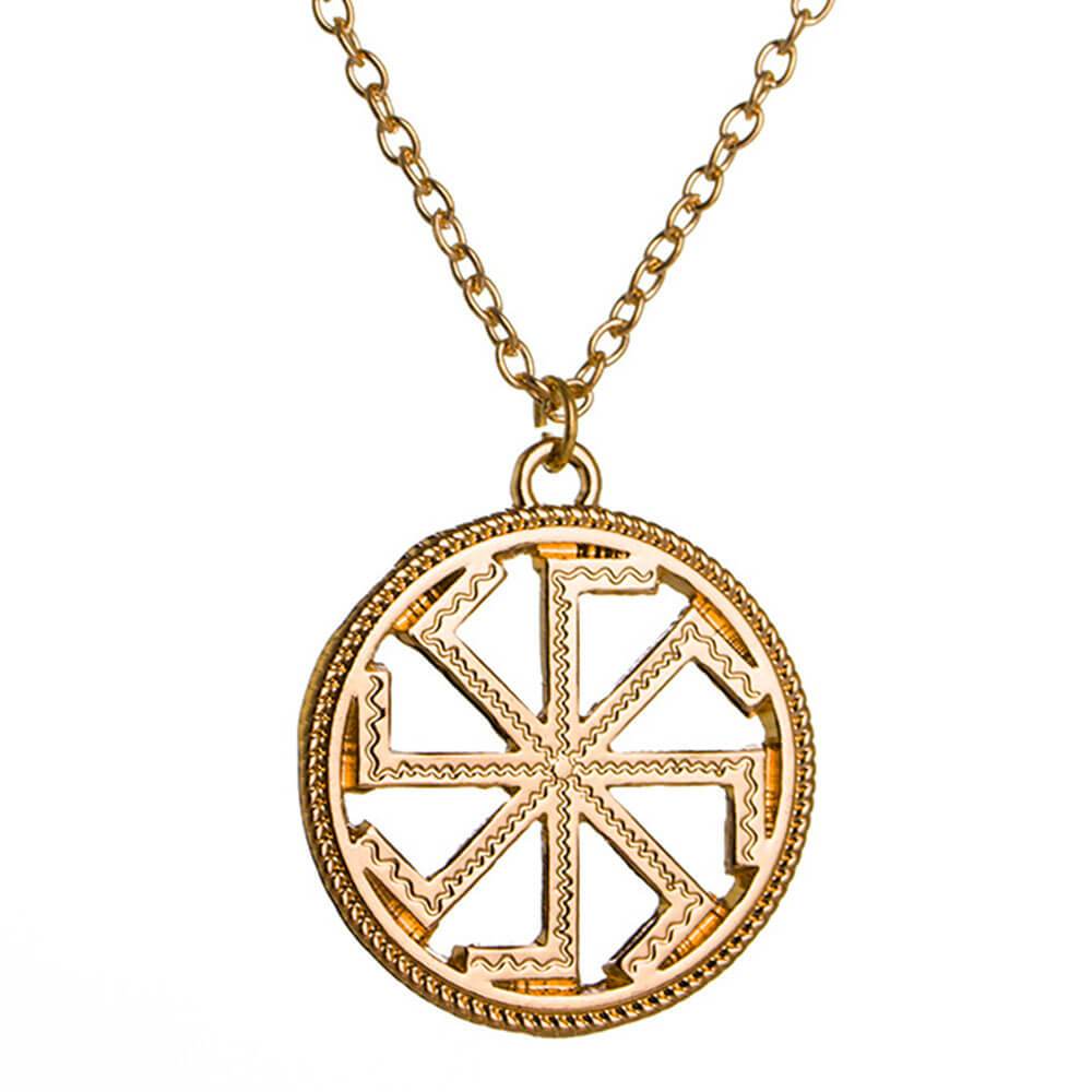 Gold Spinning Wheel Kolovrat Pendant Necklace